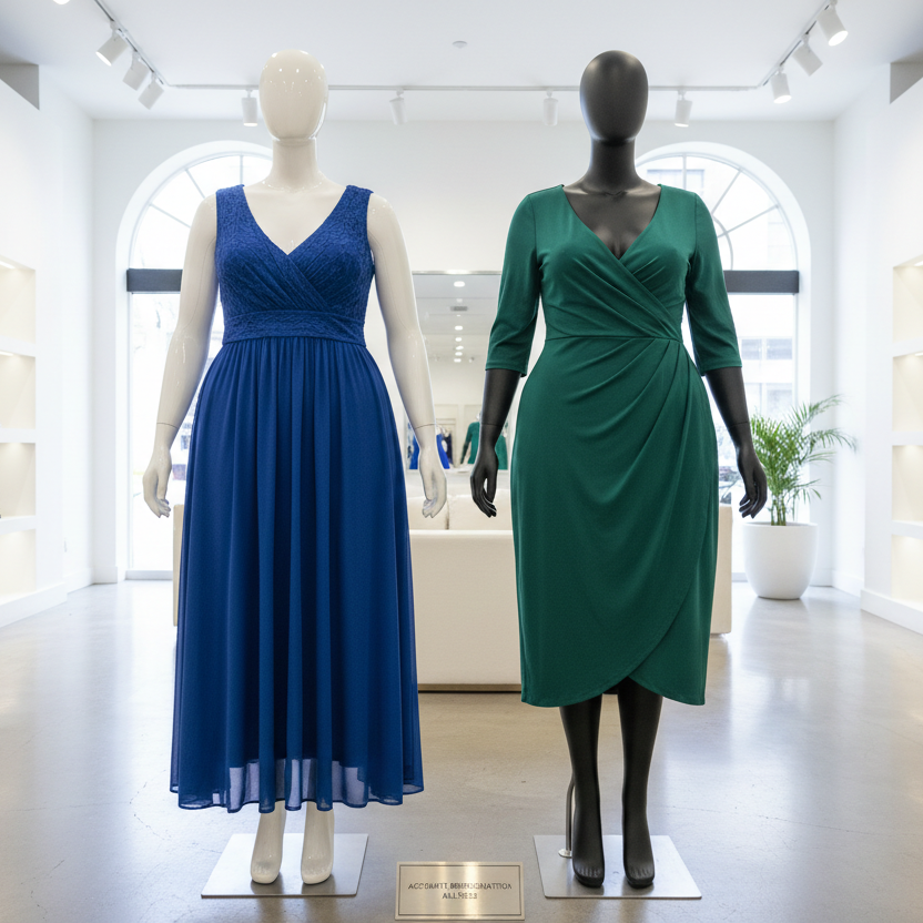 Maniquí femenino de lujo Jelimate con ventana dorada y plateada, con curvas y pechos grandes.