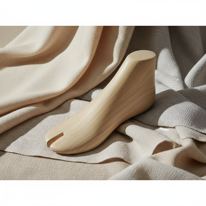 Wooden foot mannequin on cashmere fabric