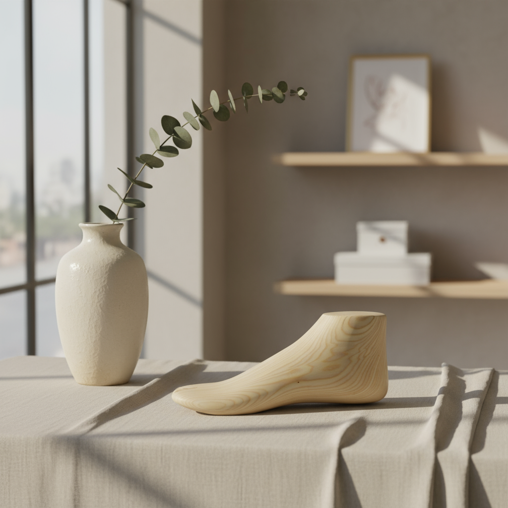 Wooden foot mannequin with clean retail background