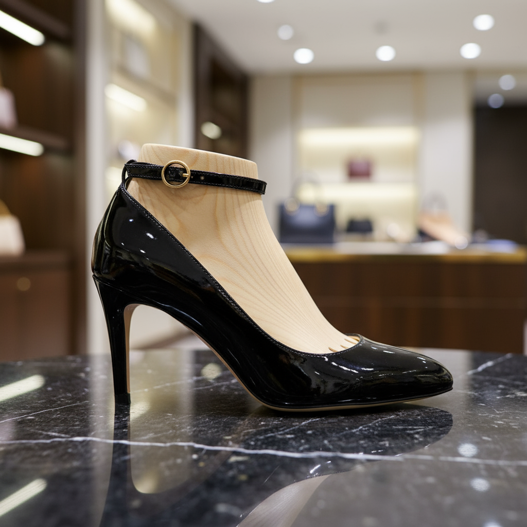 Wooden mannequin with designer shoe - side view