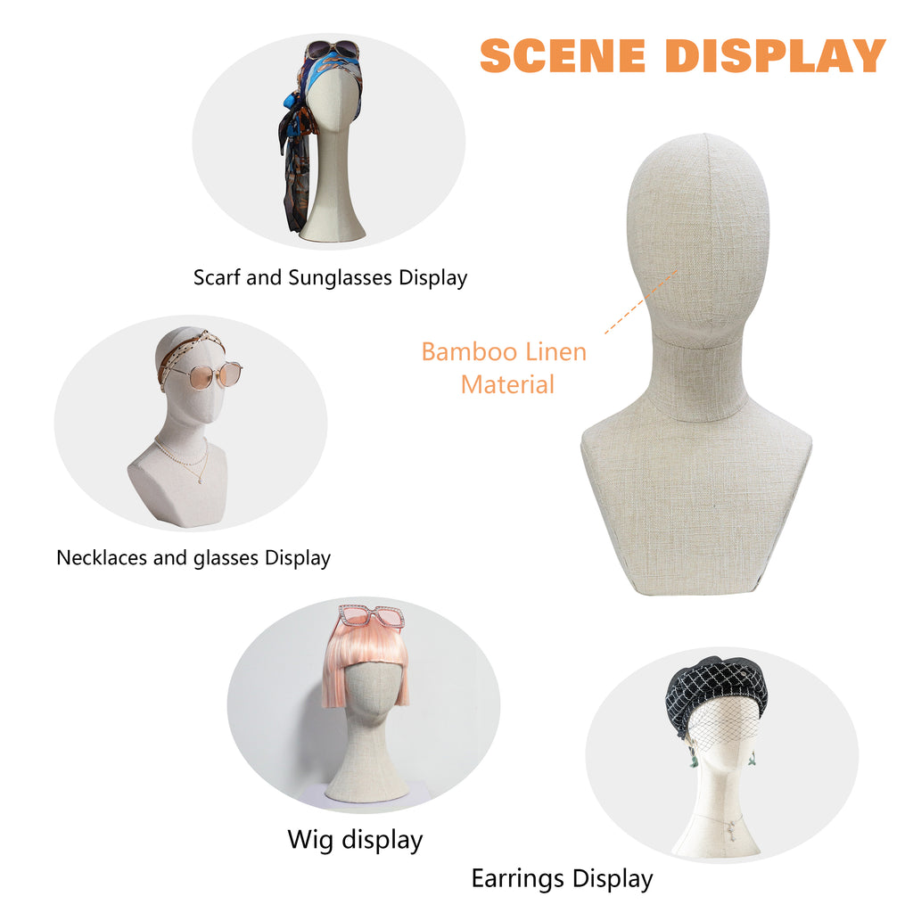 Full Pinnable Bamboo Linen Mannequin Head | Vintage Display Head Form