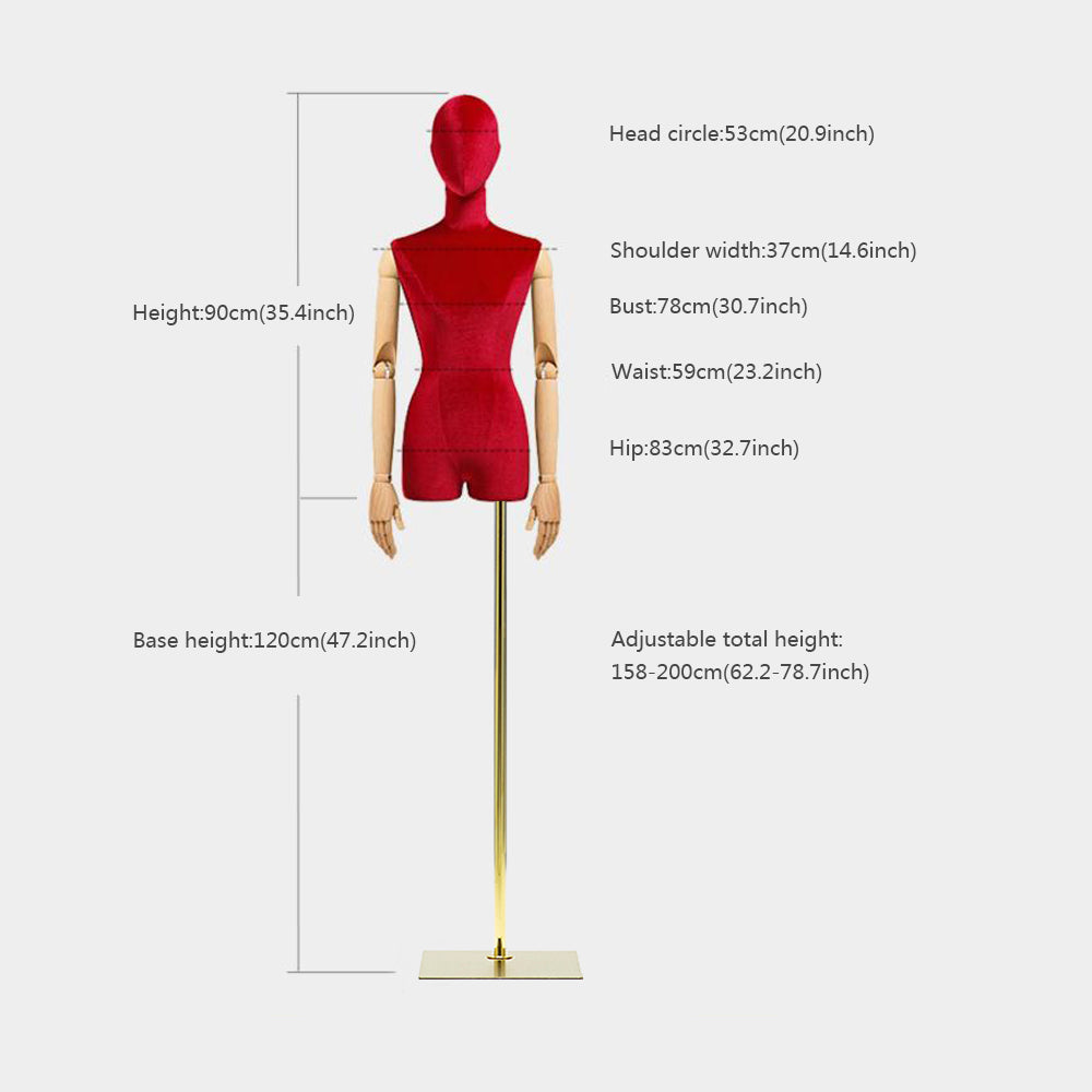 JELIMATE Velvet Female Mannequin Torso with Wooden Arms - Half Body Display Stand