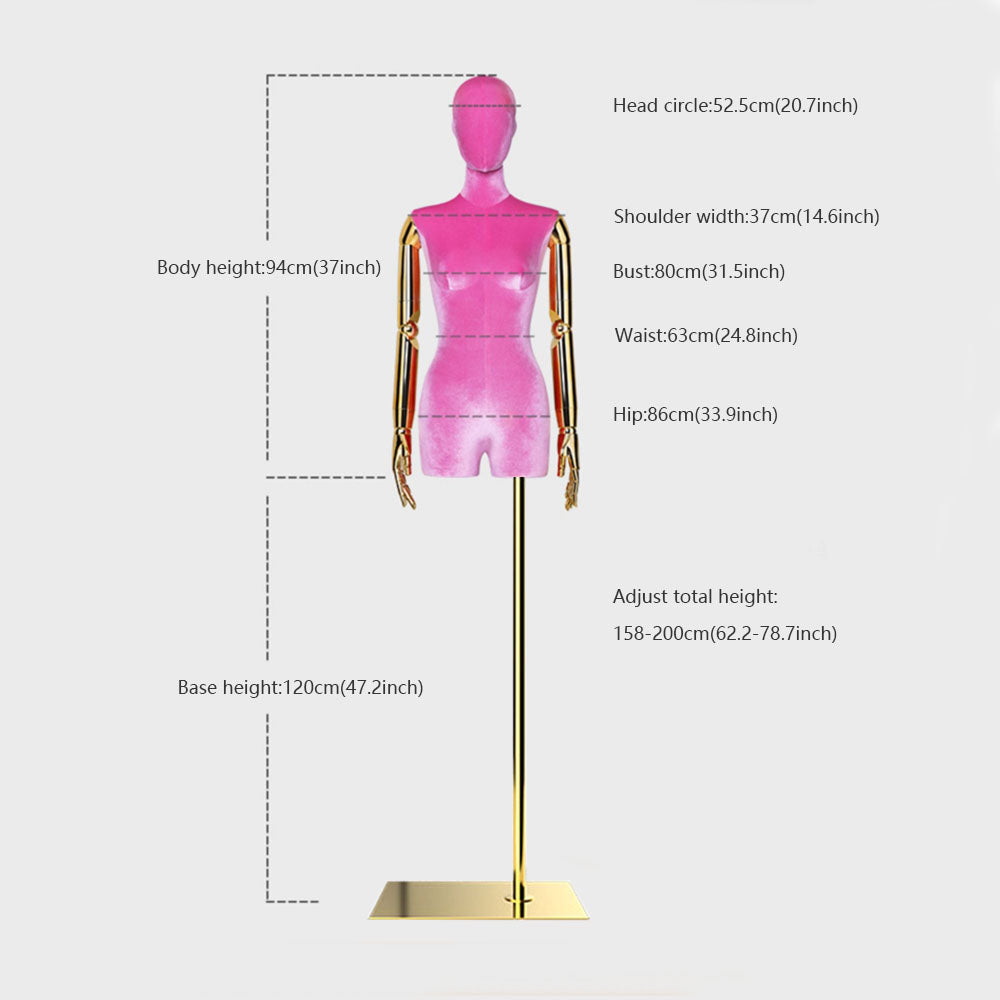 JELIMATE | Half Body Mannequin Female - Velvet Fabric Torso Mannequin with Stand & Gold/Silver Hands