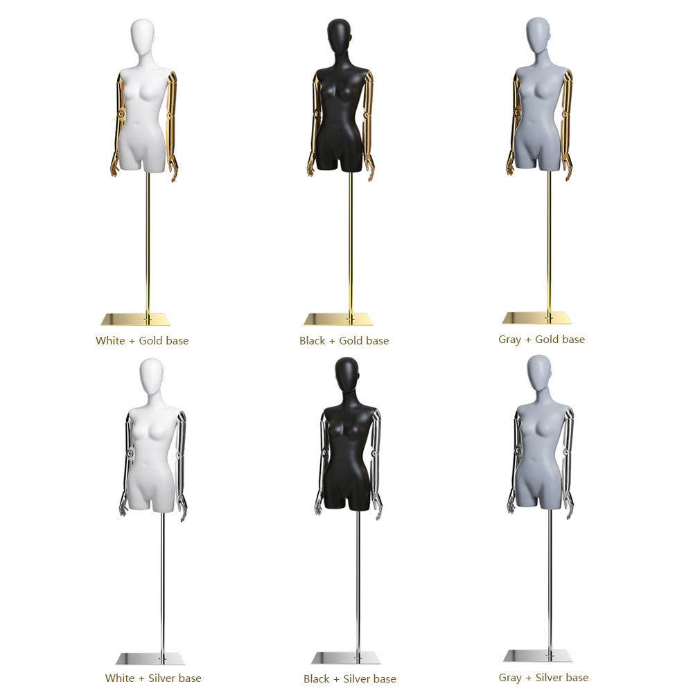 JELIMATE Luxury Adjustable Half-Body Female Mannequin Torso with Articulated Metallic Arms & Stand | Boutique Retail Display
