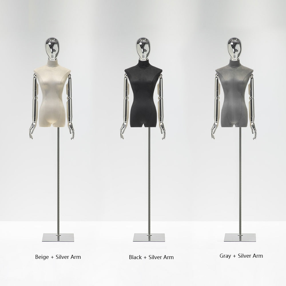 JELIMATE Velvet-Covered Female Mannequin Torso with Metal Arms & Adjustable Stand