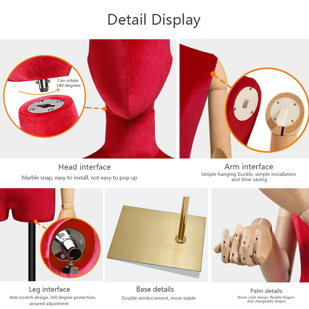 JELIMATE Velvet Female Mannequin Torso with Wooden Arms - Half Body Display Stand