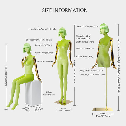 Jelimate Luxury Velvet Dress Form With Gold Arms,Female Full Body,Half Body,Sitting Pose Clothing Display Mannequin,Window Display Women Display Model (THETARAHSHOW)