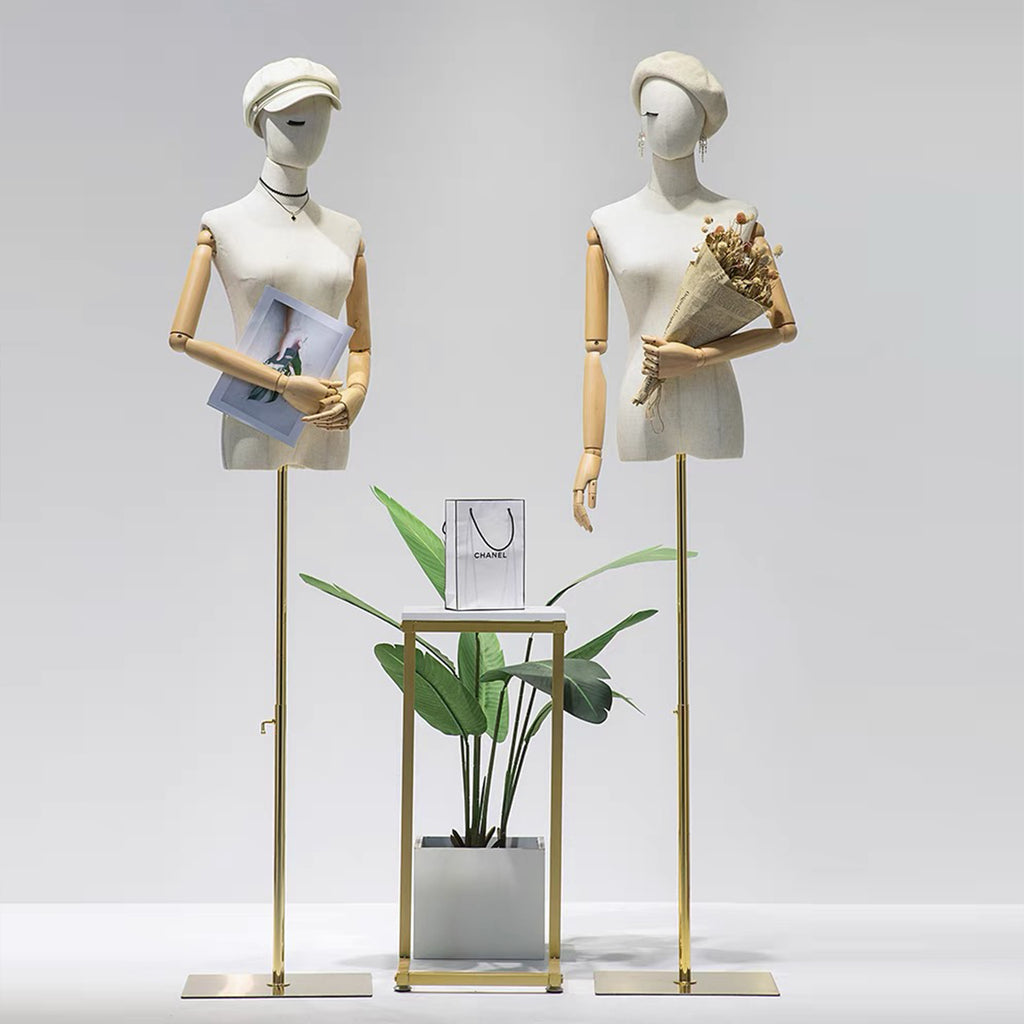 Jelimate Natural Canvas Female Mannequin Torso with Head | Adjustable Half Body Dress Form with Wooden Arms & Gold Base | Women Clothing Display Stand