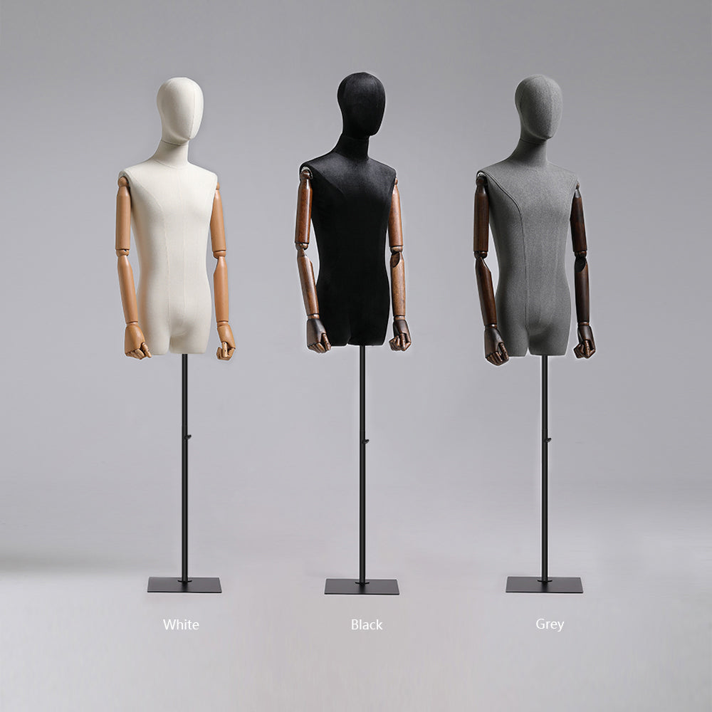 JELIMATE Male Mannequin Torso with Poseable Wooden Arms | Linen Dress Form in Black, White & Grey for Boutique Clothing Display