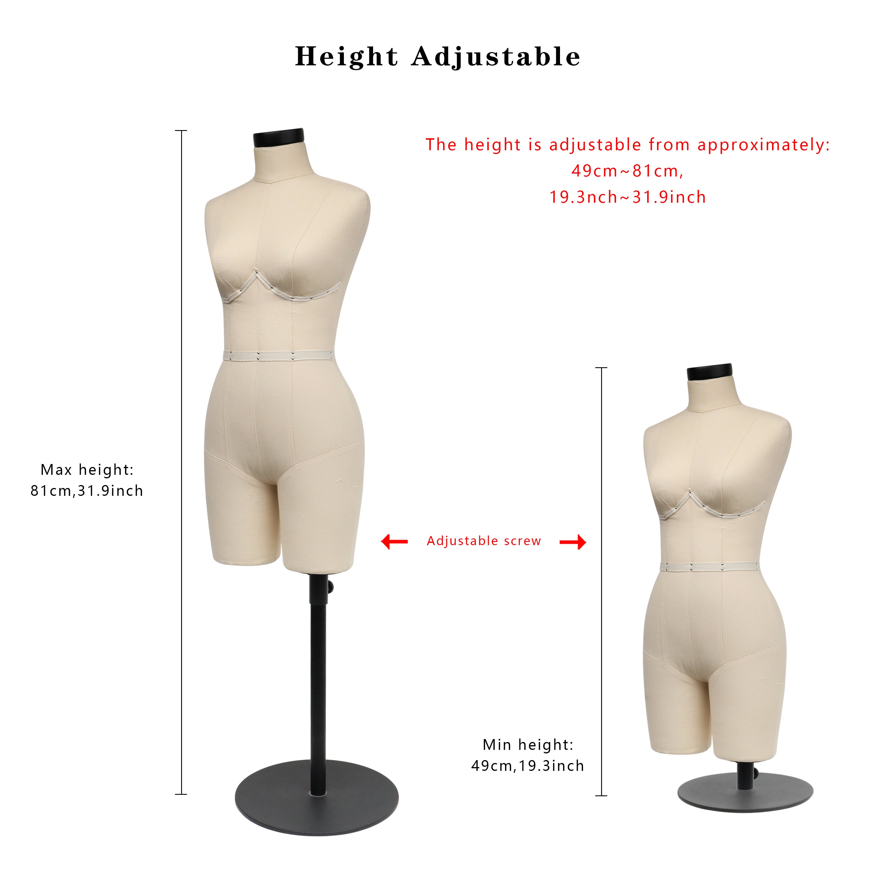 Half Scale Dress Form - Female Mini Sewing Mannequin with Soft Arms | Size 34B