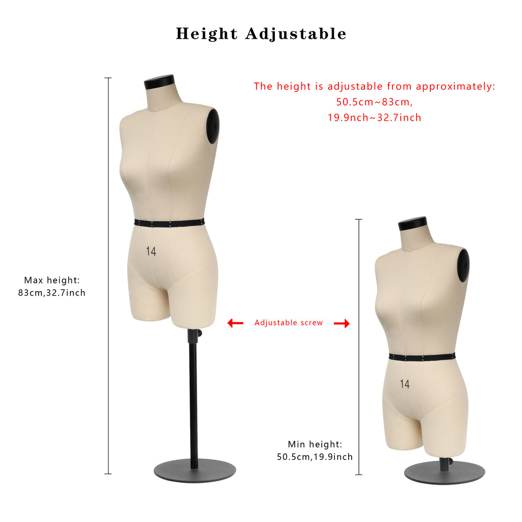Half Scale Mannequin Dress Form - Female Mini Dress Form for Sewing & Pattern Making (Size 14, 1:2 Scale)