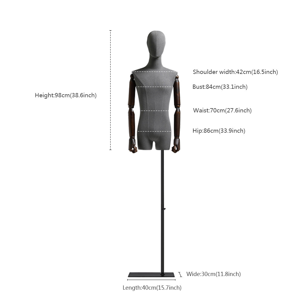 JELIMATE Male Mannequin Torso with Poseable Wooden Arms | Linen Dress Form in Black, White & Grey for Boutique Clothing Display