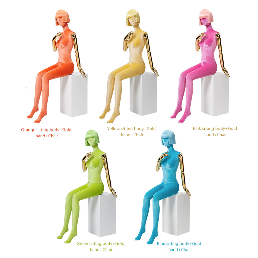 Jelimate Luxury Velvet Female Mannequin | Gold Plated Arms & Base | Standing & Sitting Pose