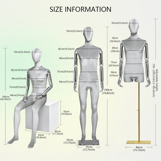 Men's velvet dress form torso with silver arms and square base