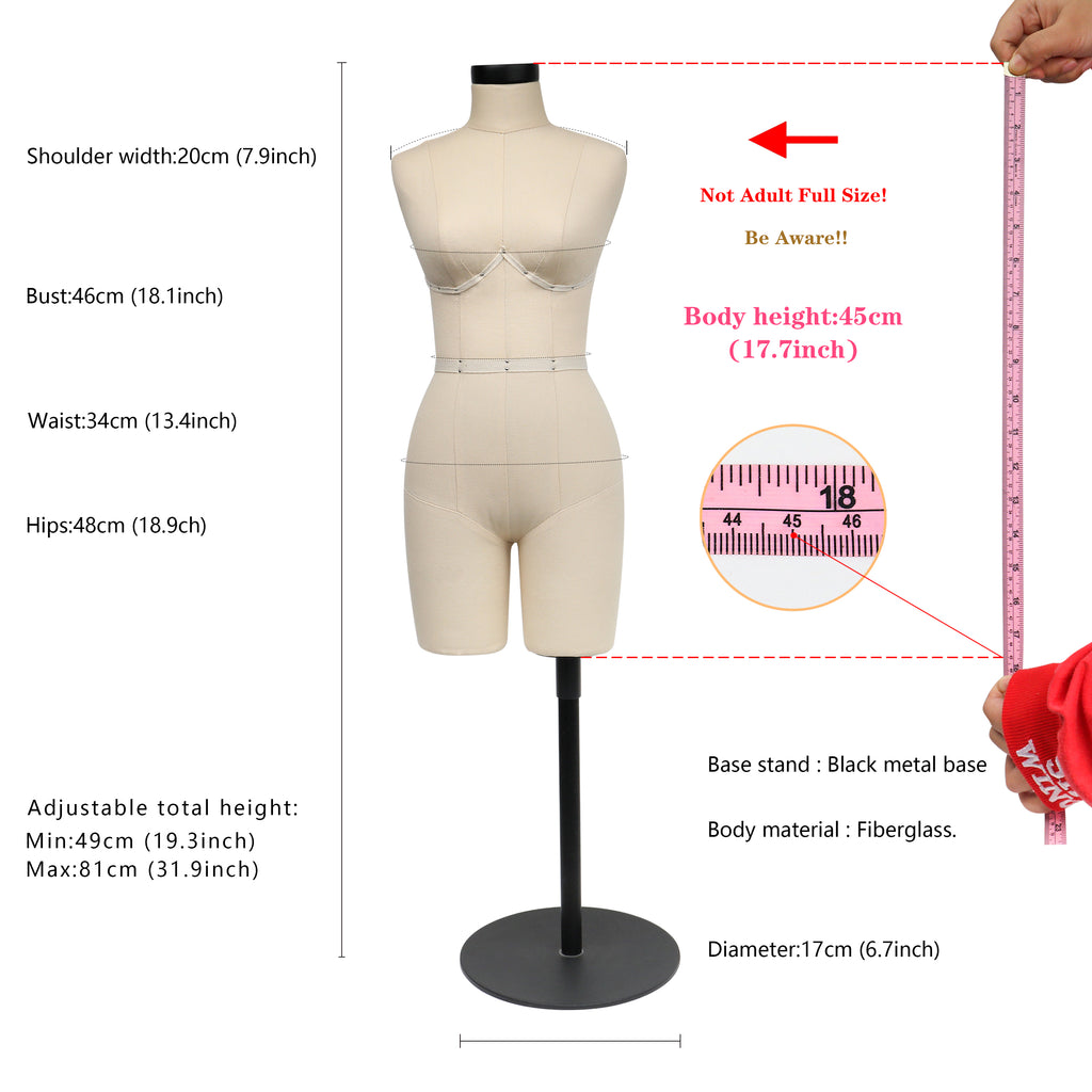 Half Scale Dress Form - Female Mini Sewing Mannequin with Soft Arms | Size 34B