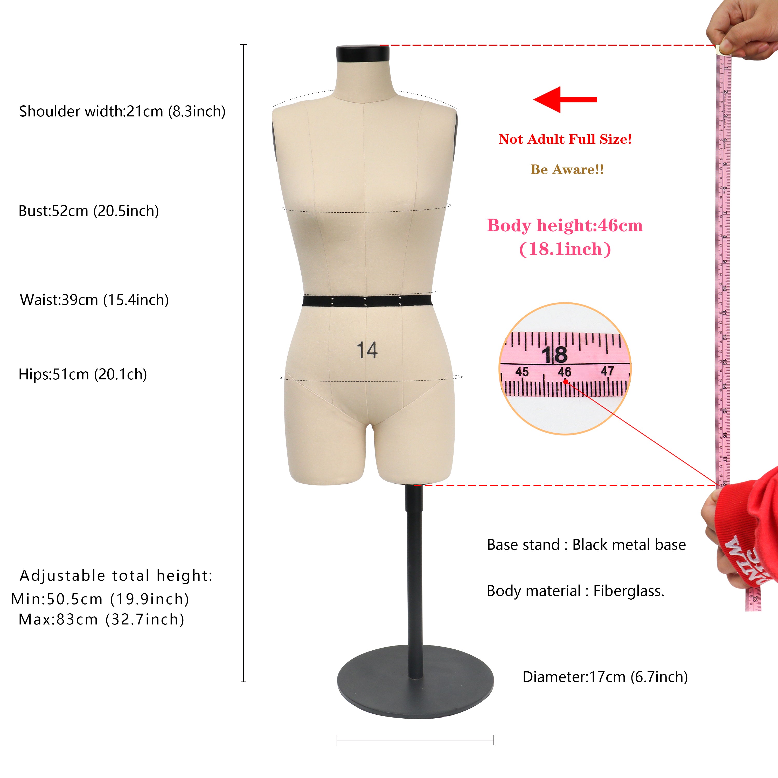 Half Scale Mannequin Dress Form - Female Mini Dress Form for Sewing & Pattern Making (Size 14, 1:2 Scale)