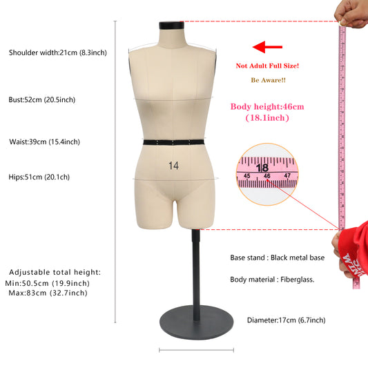JELIMATE Women Half Scale Dress Form For Sewing,1/2 Trouser Sewing Mannequin With Pin Soft Arms,Half Size Scale Form Tailor Dummy Dress Form 1:2 Mini Female Mannequin for Pattern Making Beige Size 14