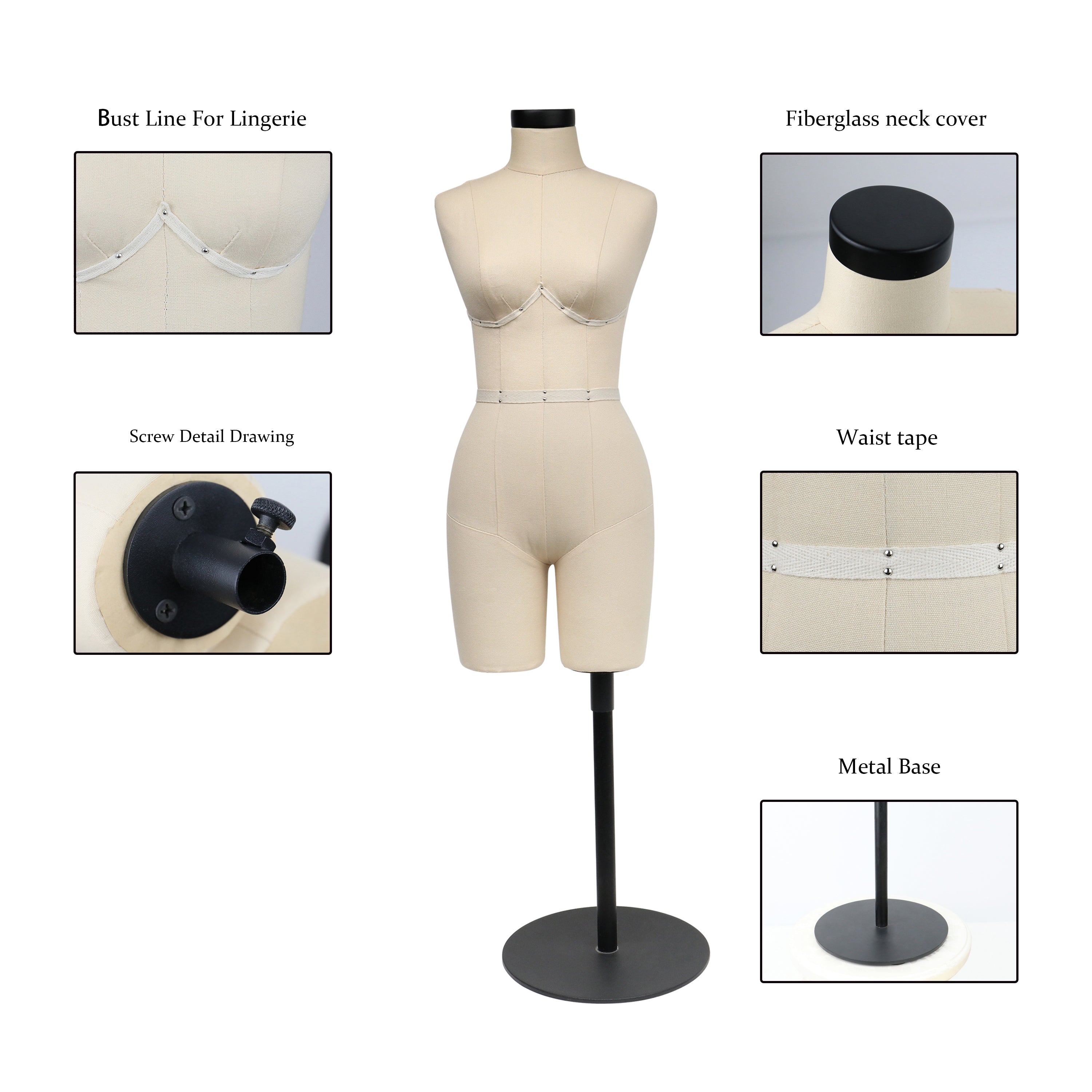 Half Scale Dress Form - Female Mini Sewing Mannequin with Soft Arms | Size 34B