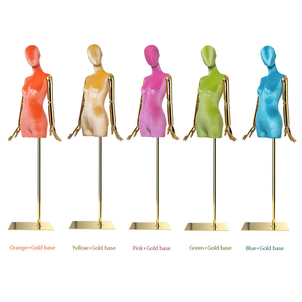 JELIMATE | Half Body Mannequin Female - Velvet Fabric Torso Mannequin with Stand & Gold/Silver Hands
