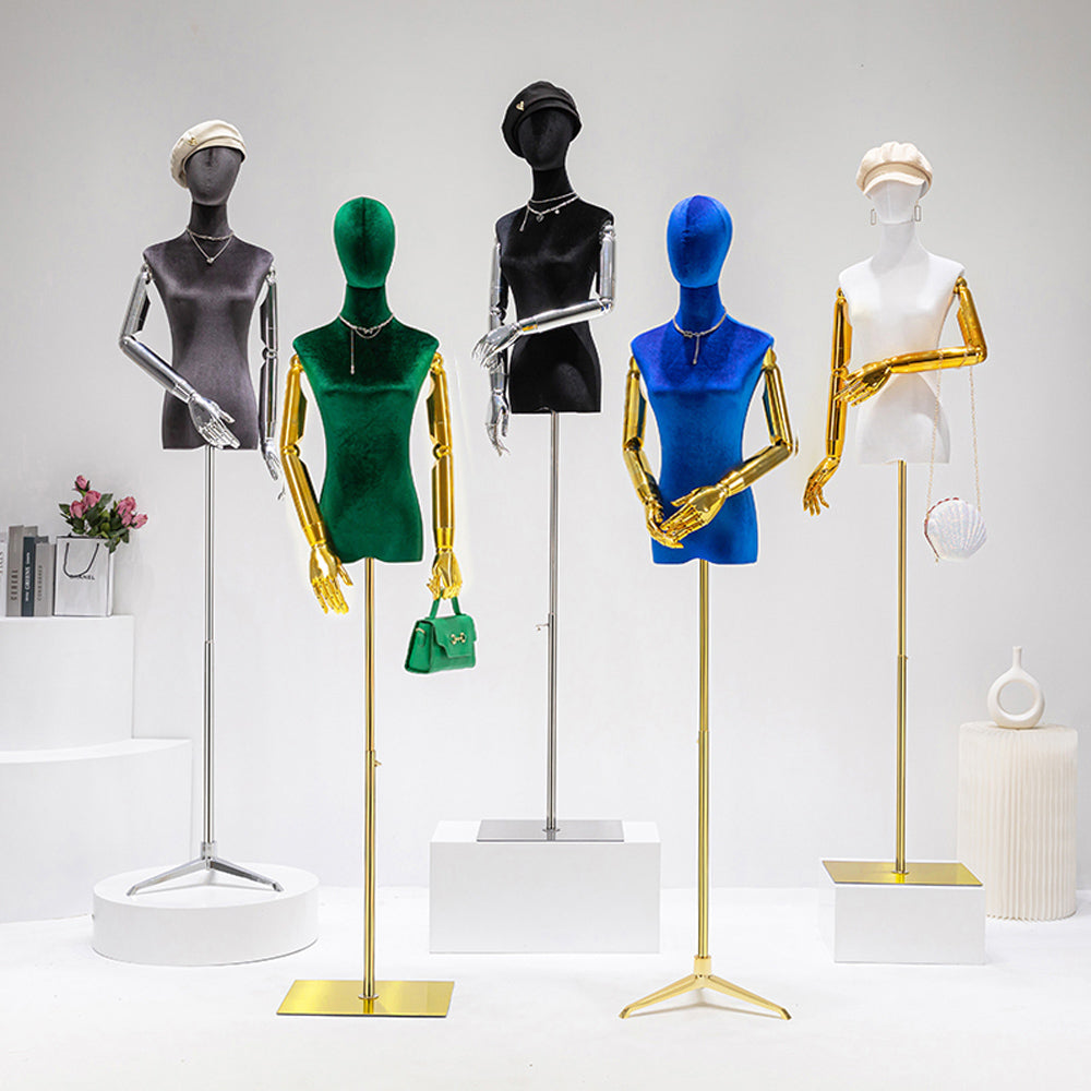 JELIMATE Luxury Velvet Female Mannequin Torso with Articulated Arms & Display Stand