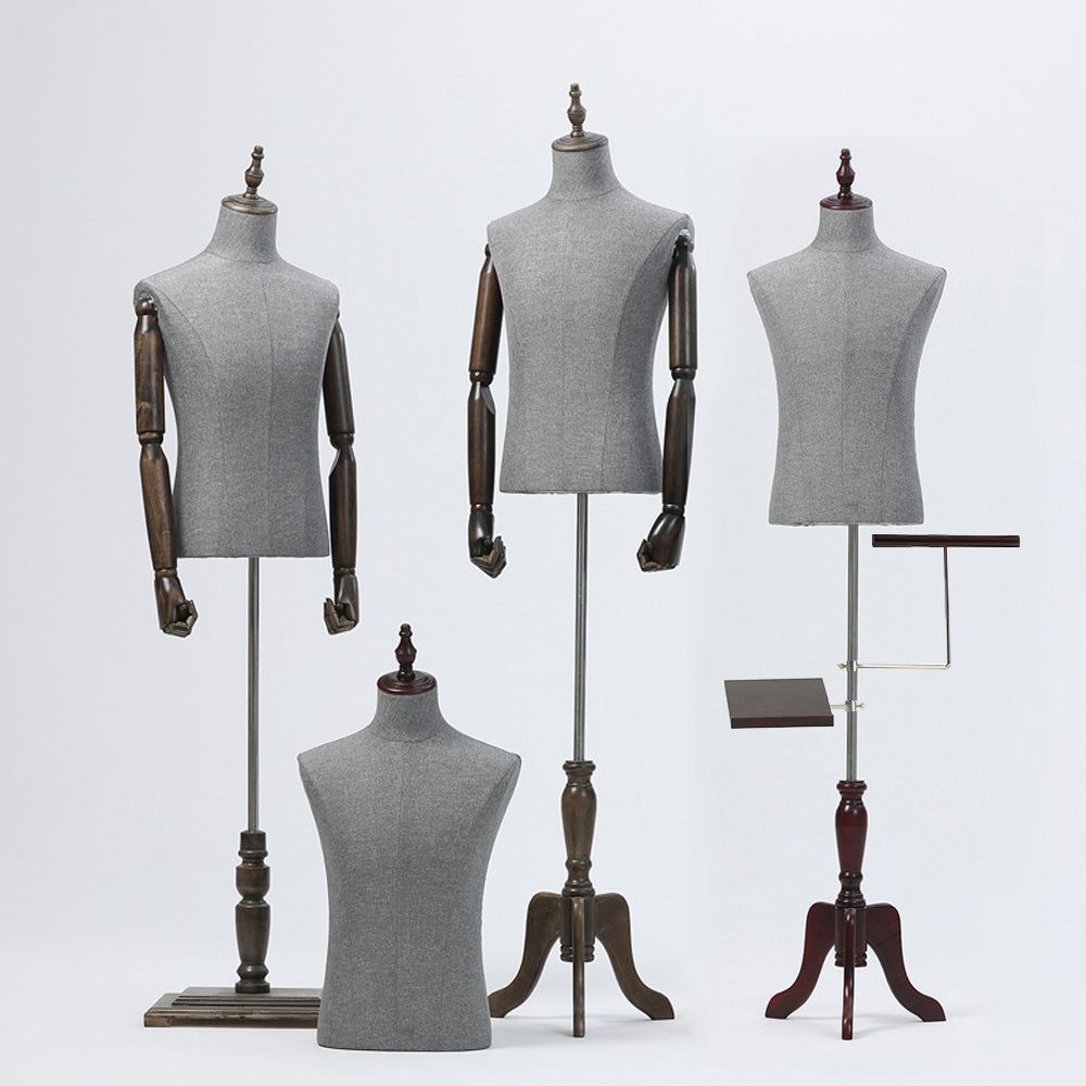 Male mannequin torso with wooden arms and gray linen fabric for suit display
