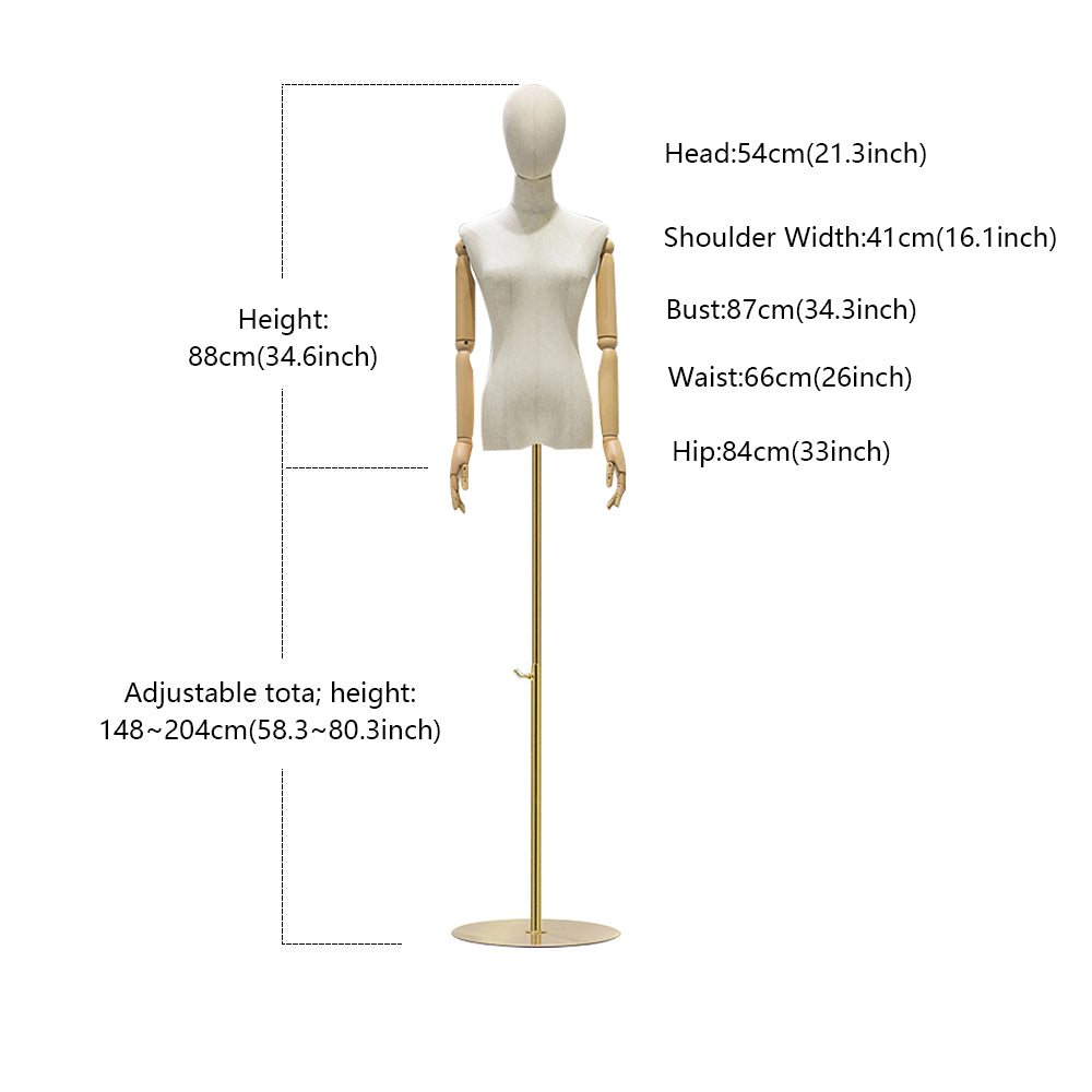Jelimate Natural Canvas Female Mannequin Torso with Head | Adjustable Half Body Dress Form with Wooden Arms & Gold Base | Women Clothing Display Stand