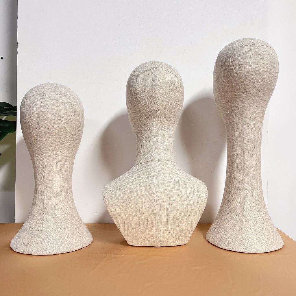 Full Pinnable Bamboo Linen Mannequin Head | Vintage Display Head Form