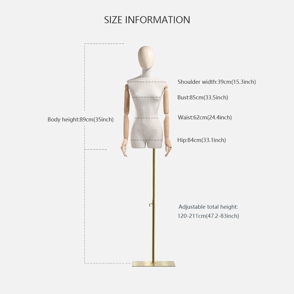 Torso de maniquí femenino de alta gama Jelimate con brazos de madera, maniquí de lino gris para exhibición de ropa, cabeza de maniquí de madera con orificio para aretes