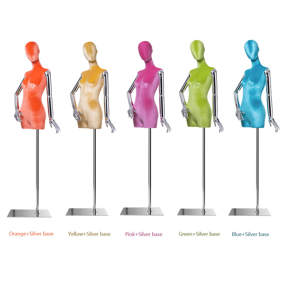 Multiple colors of luxury velvet half body mannequins for custom retail store branding and bulk wholesale orders.