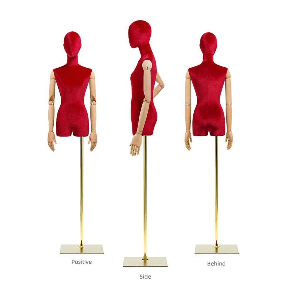 JELIMATE Velvet Female Mannequin Torso with Wooden Arms - Half Body Display Stand