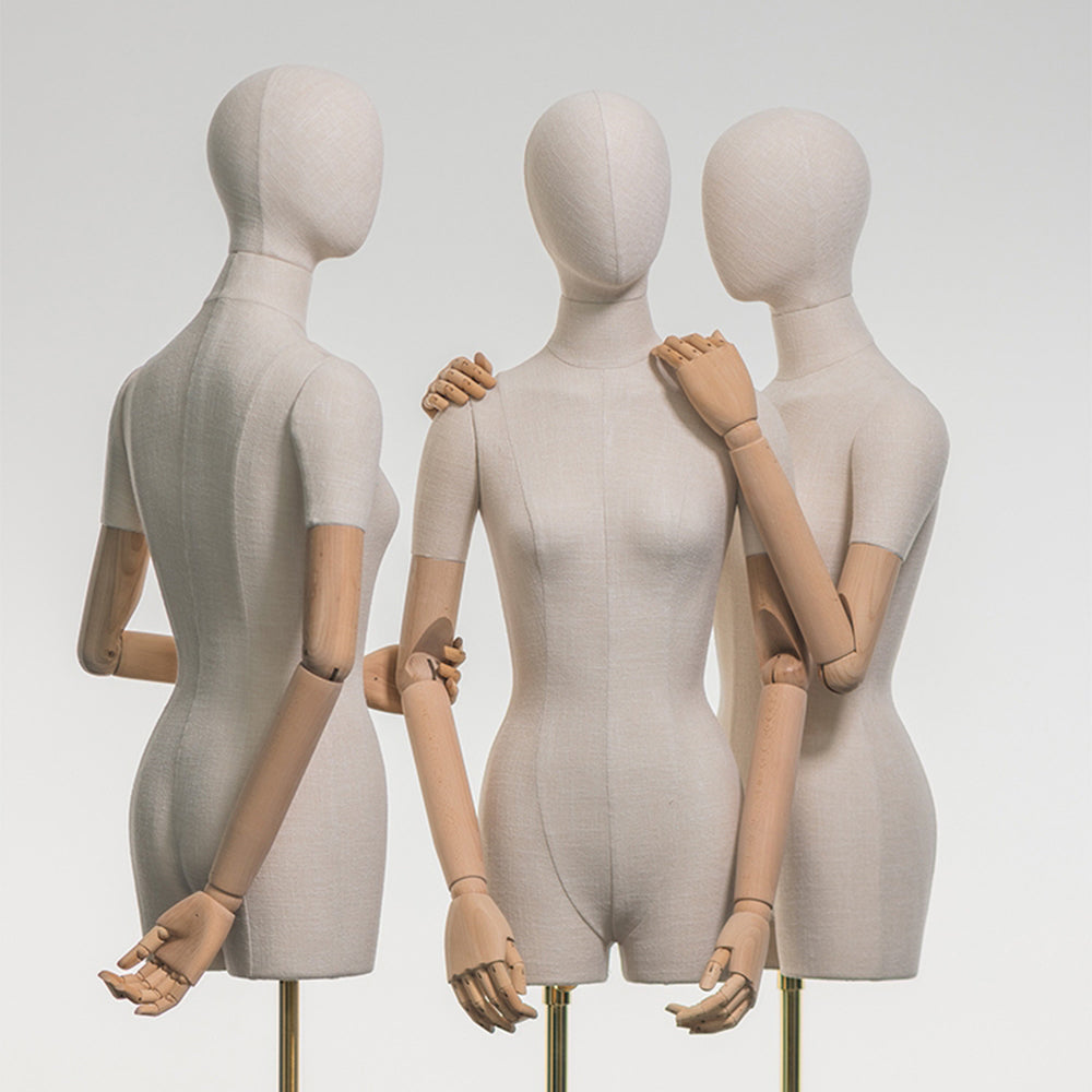 Adjustable Female Half-Body Mannequin with Linen Cover and Wooden Arms for Clothing Display