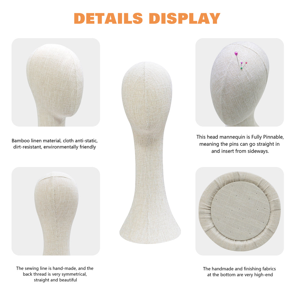 Full Pinnable Bamboo Linen Mannequin Head | Vintage Display Head Form