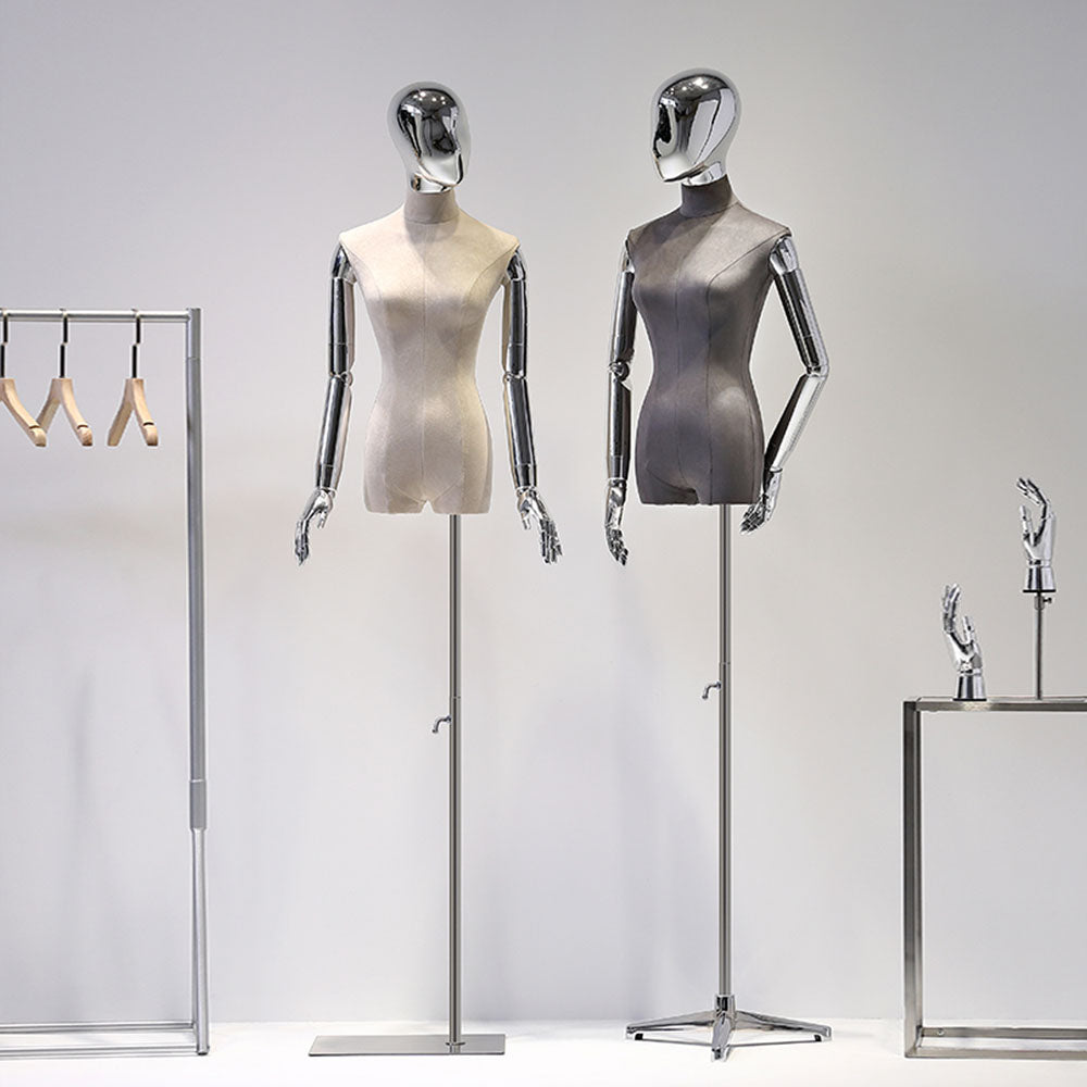 JELIMATE Velvet-Covered Female Mannequin Torso with Metal Arms & Adjustable Stand