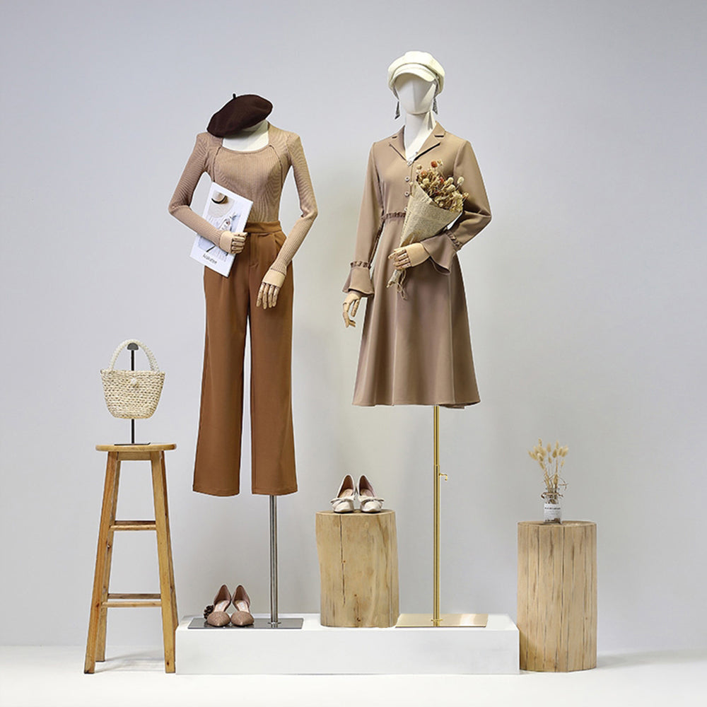 Jelimate Natural Canvas Female Mannequin Torso with Head | Adjustable Half Body Dress Form with Wooden Arms & Gold Base | Women Clothing Display Stand