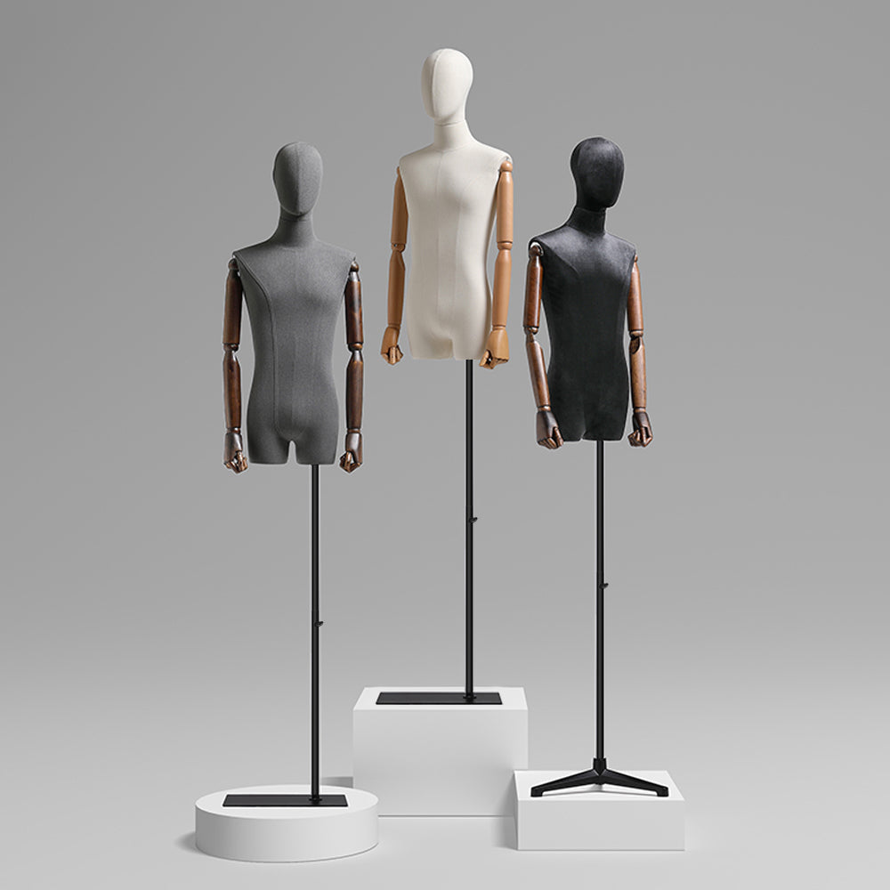 JELIMATE Male Mannequin Torso with Poseable Wooden Arms | Linen Dress Form in Black, White & Grey for Boutique Clothing Display