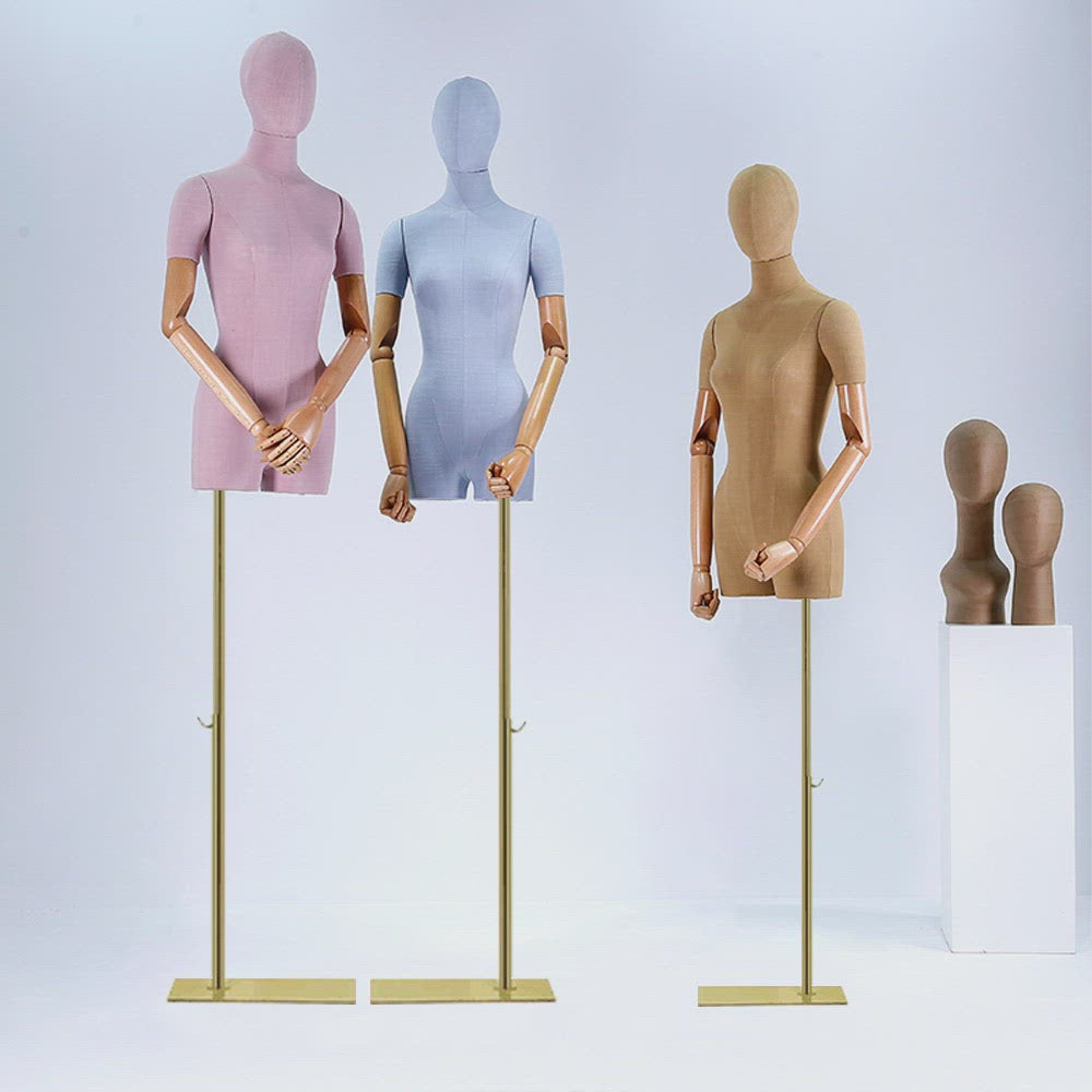Jelimate Colorful Slub Linen Female Mannequin Torso with Wooden Arms & Head Model
