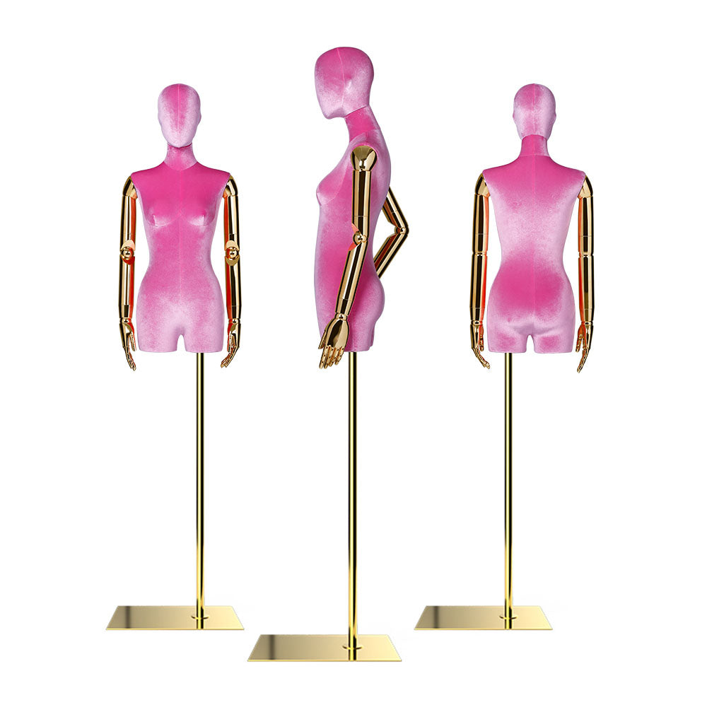 JELIMATE | Half Body Mannequin Female - Velvet Fabric Torso Mannequin with Stand & Gold/Silver Hands