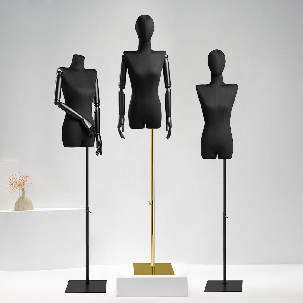 Half Body Female Display Dress Form Mannequin,Black Linen Fabric Mannequin Torso,Wooden Mannequin Arms,Clothing Mannequin Jewelry Holder Hat Holder