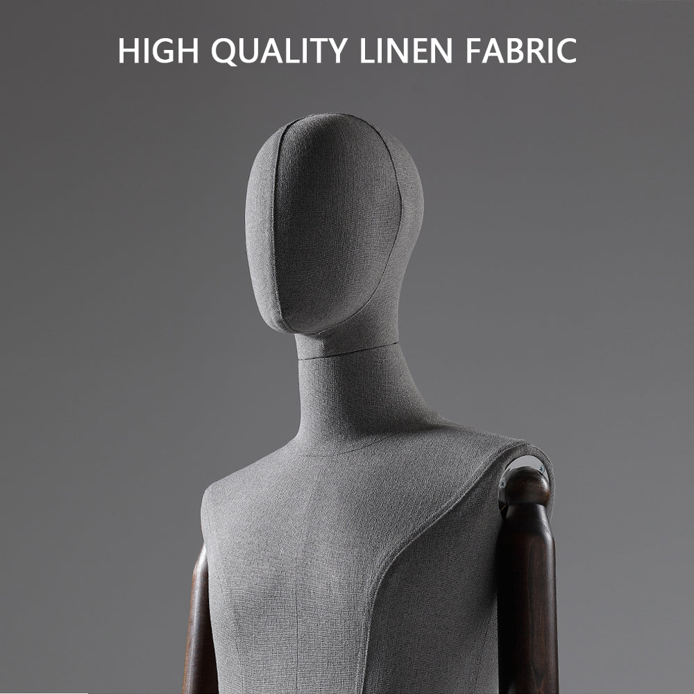 JELIMATE Male Mannequin Torso with Poseable Wooden Arms | Linen Dress Form in Black, White & Grey for Boutique Clothing Display