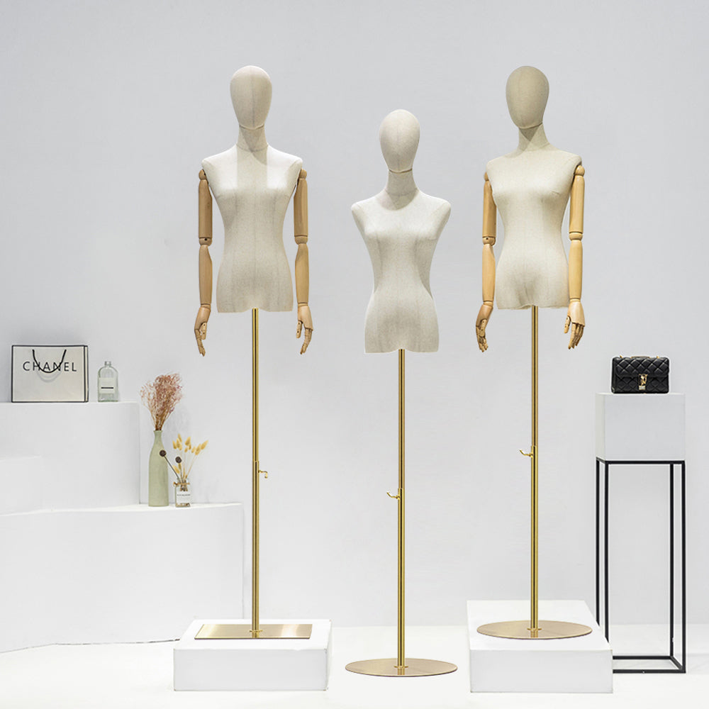 Jelimate Natural Canvas Female Mannequin Torso with Head | Adjustable Half Body Dress Form with Wooden Arms & Gold Base | Women Clothing Display Stand