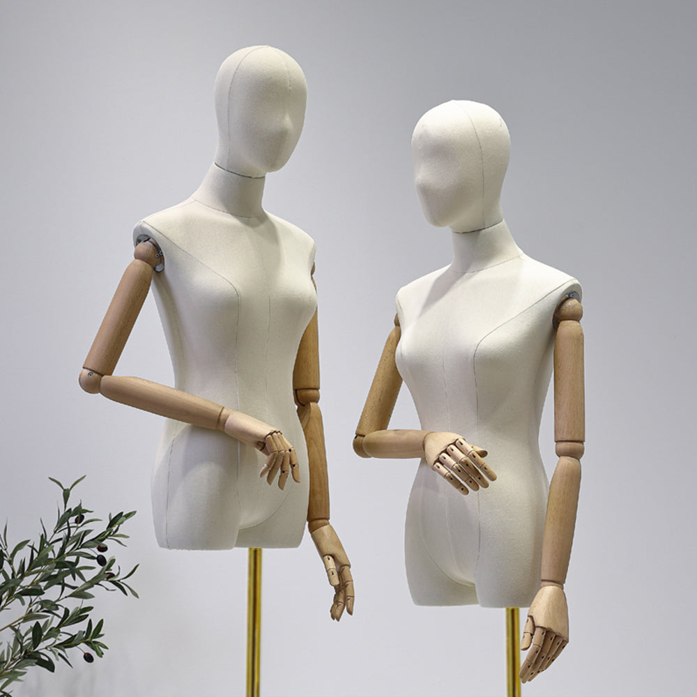 Half Body Female Dress Form Mannequin,Upper body Velvet Mannequin Torso,Wooden Mannequin Hand, Mannequin Head For Wigs,Fashion Display Clothing Model Props
