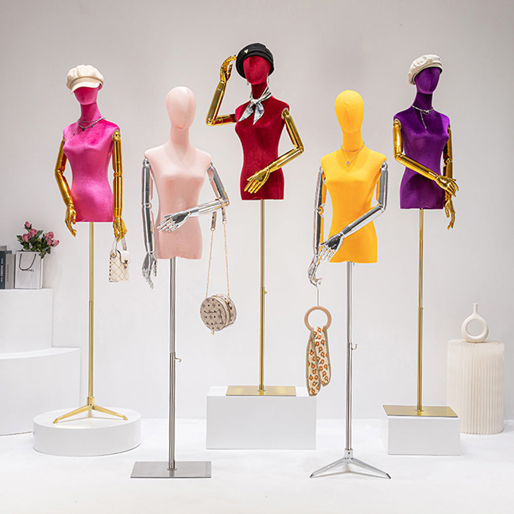 JELIMATE Luxury Velvet Female Mannequin Torso with Articulated Arms & Display Stand