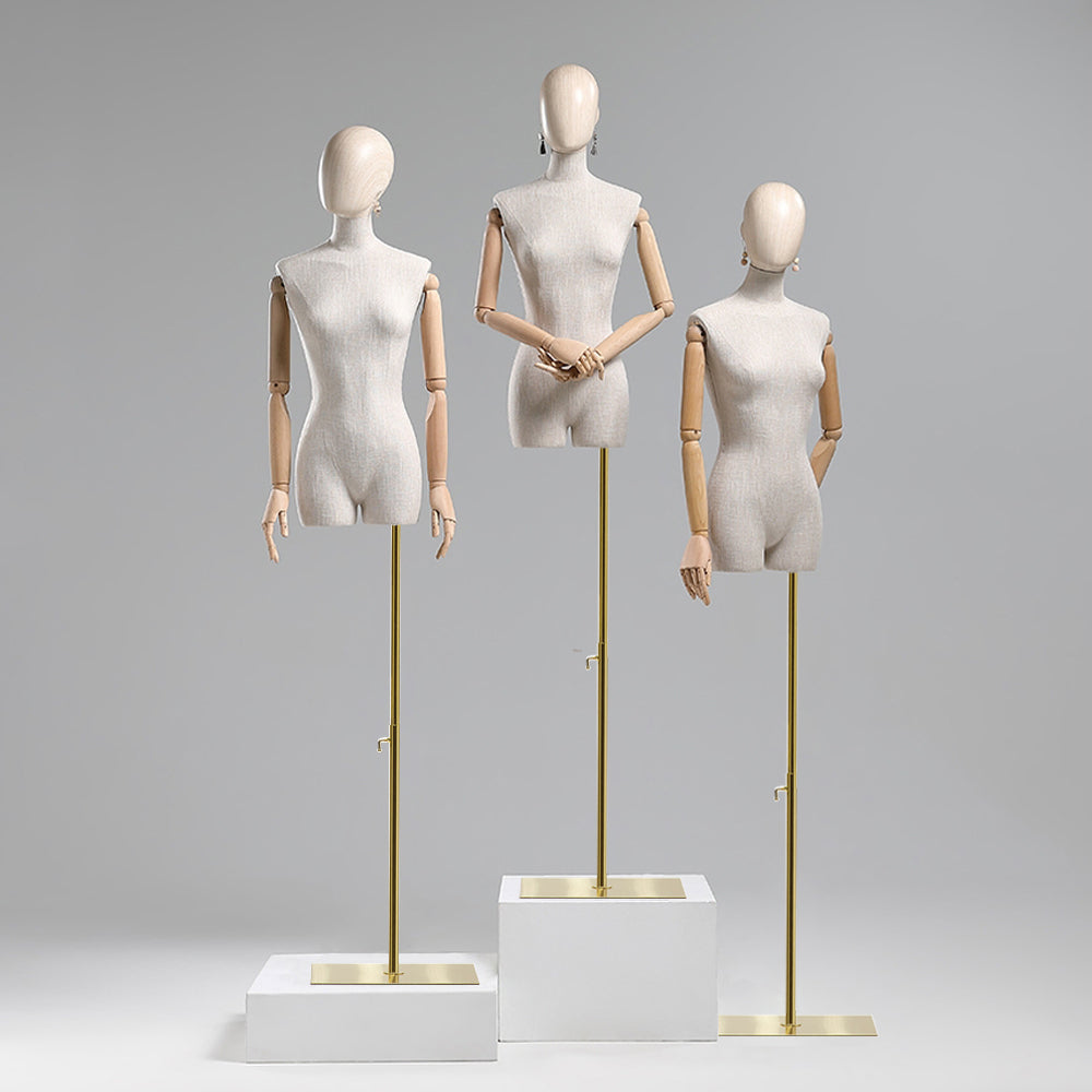 Torso de maniquí femenino de alta gama Jelimate con brazos de madera, maniquí de lino gris para exhibición de ropa, cabeza de maniquí de madera con orificio para aretes