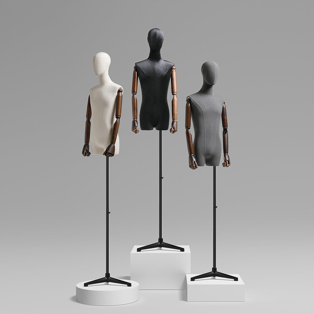JELIMATE Male Mannequin Torso with Poseable Wooden Arms | Linen Dress Form in Black, White & Grey for Boutique Clothing Display