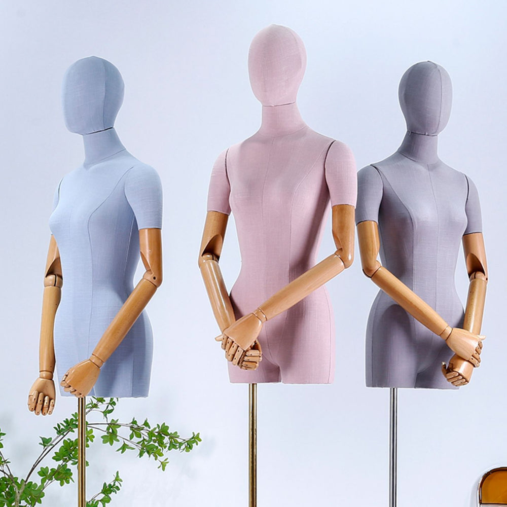 Jelimate Colorful Slub Linen Female Mannequin Torso with Wooden Arms & Head Model