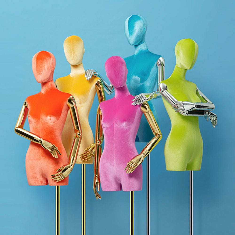 ELIMATE luxury half body female mannequin torso in multi-color premium velvet with adjustable gold base for high-end boutique display.