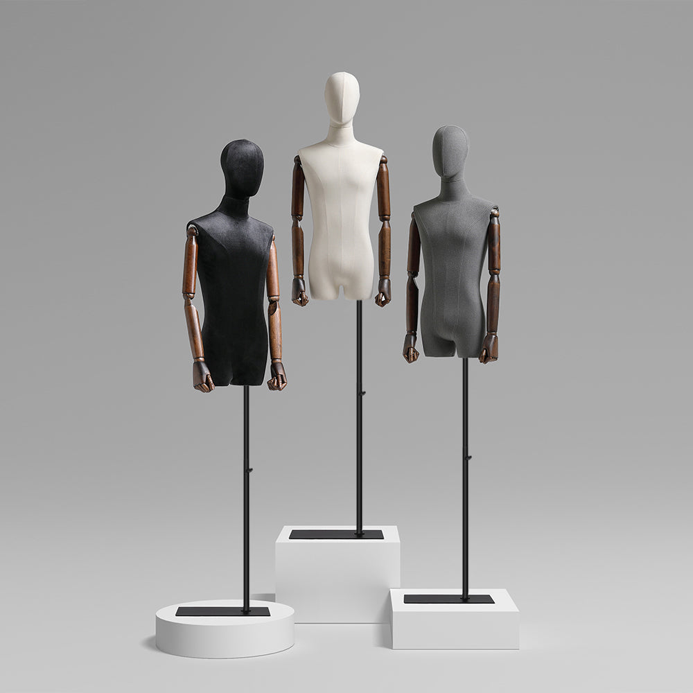 JELIMATE Male Mannequin Torso with Poseable Wooden Arms | Linen Dress Form in Black, White & Grey for Boutique Clothing Display
