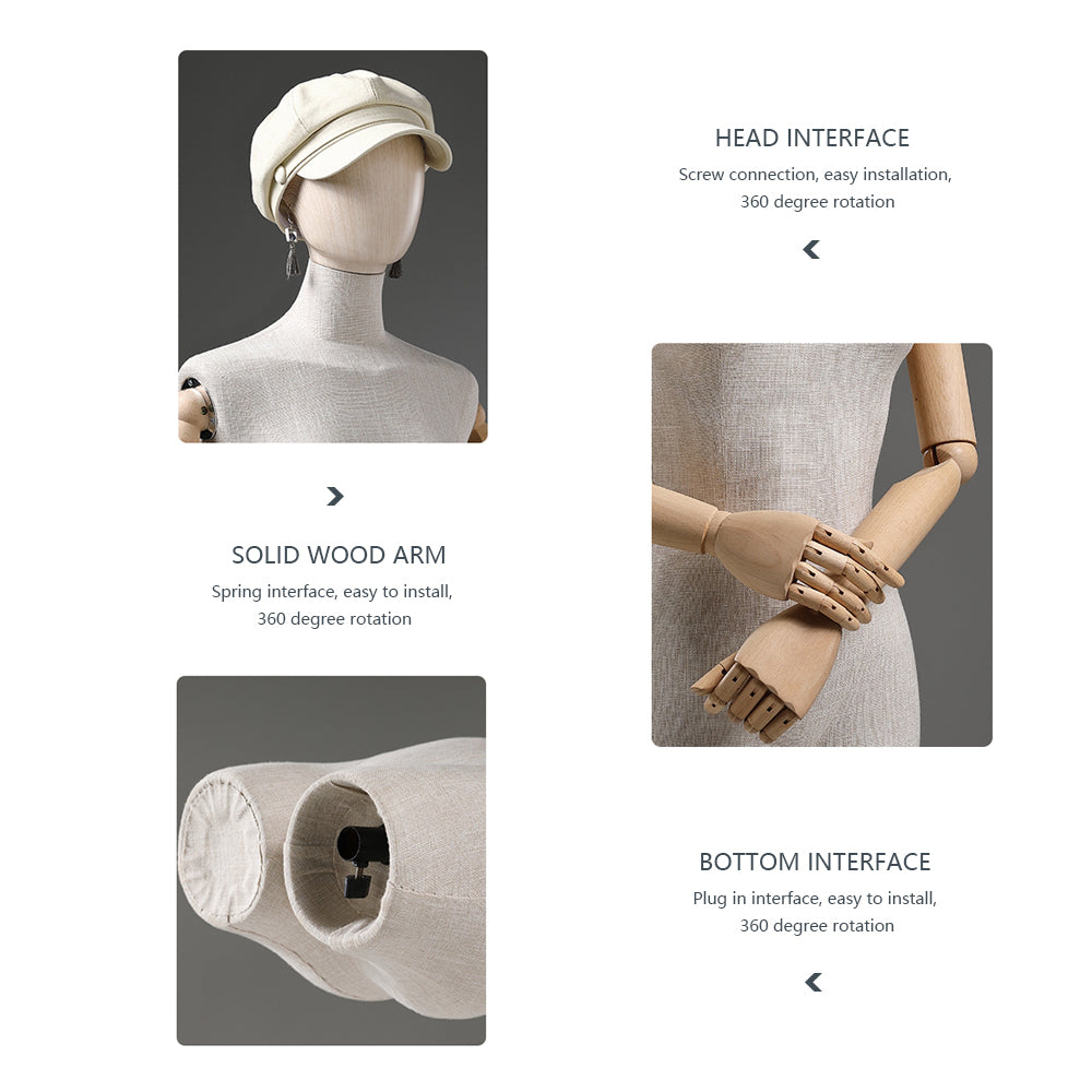 Torso de maniquí femenino de alta gama Jelimate con brazos de madera, maniquí de lino gris para exhibición de ropa, cabeza de maniquí de madera con orificio para aretes