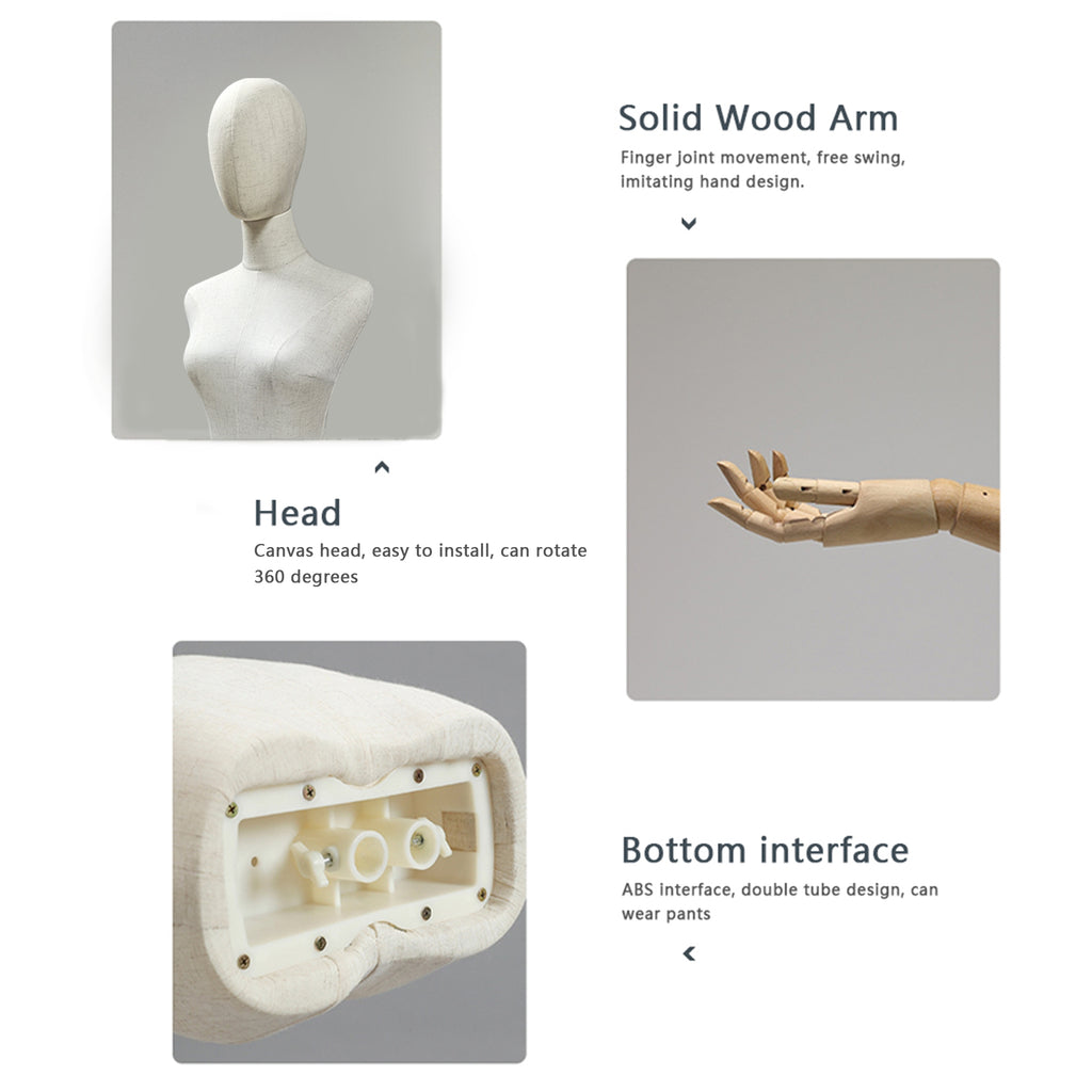 Jelimate Natural Canvas Female Mannequin Torso with Head | Adjustable Half Body Dress Form with Wooden Arms & Gold Base | Women Clothing Display Stand