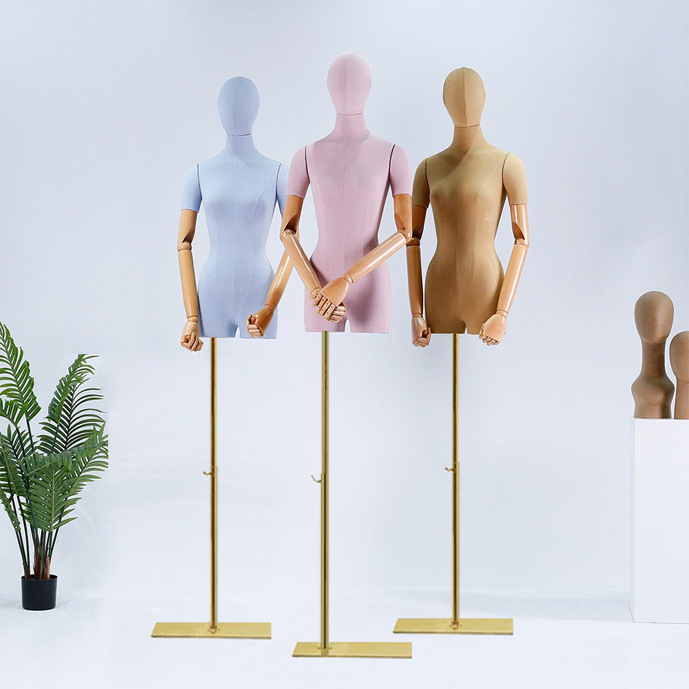 Jelimate Colorful Slub Linen Female Mannequin Torso with Wooden Arms & Head Model